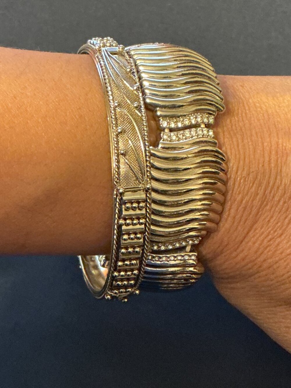 Vintage Gold Tone Bracelet Lot Rhinestone Stretch Wide Statement Bangle Set 2